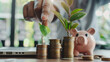 Businessman holding coins and piggy bank on table with plant growing from stack of money