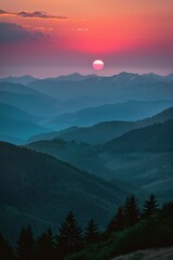 Poster - Beautiful sunset over mountain range, ideal for travel or landscape themes