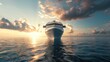 A beautiful sunset view of a cruise ship sailing in the ocean. Perfect for travel and vacation concepts
