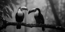 Two Black And White Birds Perched On A Tree Branch, Suitable For Nature Concepts