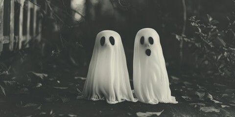 Wall Mural - Two ghosts standing in front of a fence. Suitable for Halloween themes