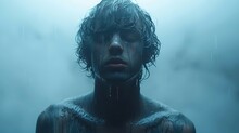   A Person In The Rain With Wet Hair, Eyes Closed, And Face Hidden By Water Drops