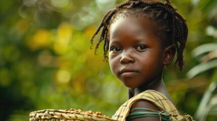 Canvas Print - Young girl with dreadlocks holding a basket. Suitable for various lifestyle and outdoor themes