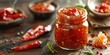 A jar filled with red peppers on a rustic wooden table, perfect for food and cooking concepts