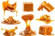 Various caramels being drizzled with liquid. Suitable for food and dessert concepts