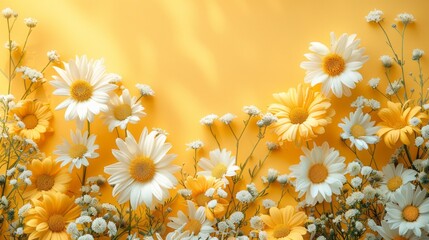 Wall Mural - Flowers composition. Chamomile flowers on yellow background. Spring. summer concept. Flat lay. top view. copy space