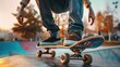 Skateboarder riding on top of a ramp, perfect for extreme sports concept