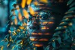 Futuristic AI interfaces and sustainable tech through the eye of high-tech. Close-up of young African female with glasses, reflections of orange light on face, amidst foliage, conveying contemplation