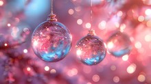   A Close-up Of Three Ornaments Dangling From A Tree, With A Hazy Background Featuring Indistinct Lights