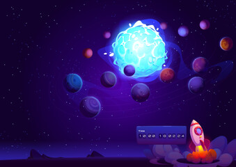 Wall Mural - rocket launch in space. spaceship on planet cartoon vector. galaxy ship speed start with fire and sm
