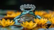   Frog wearing tiara in yellow water lily-surrounded pond