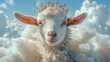   A close-up of a sheep wearing a crown on its head with clouds in the background