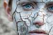 Image of a woman's face with dry, cracked skin, similar to desert landscapes,close-up,concept of self-care,cosmetology,beauty industry
