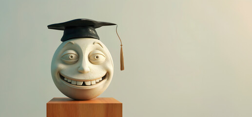 Wall Mural - A depiction of a jubilant,smiling broadly, human (head)sculpture wearing a graduation cap, symbolizing the completion of education and the joy of success,copy space,comic greeting