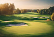 Sunrise to Sunset: A serene golf course amidst nature's embrace, where green fairways stretch under a sky painted with hues of blue and orange, flanked by trees, offering a picture