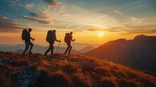 Landscape Photo Of Teamwork Friendship Hiking, Help Each Other Trust Assistance, Silhouette In Mountains, Sunrise, Captivating Lighting --ar 16:9 Job ID: C049e096-402c-4ff4-a7d9-4439e0f0b6bf
