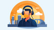 Flat design factory and worker with earmuffs icon v