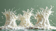   Milk splashes from the bottle into water, creating a lively scene on the green and white background