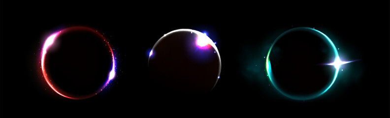 Wall Mural - solar eclipse neon light effect. full cover of sun by moon with round flare. realistic vector illust