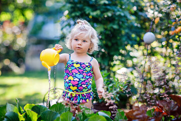 Wall Mural - Cute little baby girl in colorful swimsuit watering plants and blossoming flowers in domestic garden on hot summer day. Adorable toddler child having fun with playing with water and ca