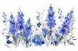 Watercolor delphinium clipart with tall spikes of blue flowers. flowers frame, botanical border, elegant wedding arrangement, blue blossom flowers. white background