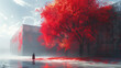 a tree with red leaves in the background and a man standing in the water.