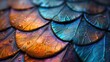 Macro photography of water droplets on textured scales with a vibrant display of iridescent colors. Generative AI