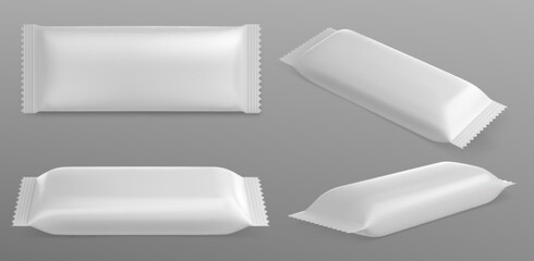 Chocolate bar pack mockup. White candy wrapper. Blank snack package mock up vector. 3d isolated food sachet empty view set. Top and side sweet biscuit product wrap realistic design icon template