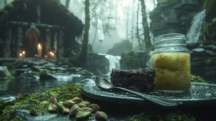 Wall Mural -   A cake sits atop a plate, nearby is a jar filled with liquid, both placed on a mossy surface