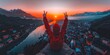 Triumphant at Dusk: Celebrating Over a Breathtaking Urban Sunset with a Dual Victory Gesture from Above, Generative AI