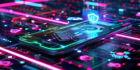 Fototapete - Securing the Digital Frontier: A Smartphone Embodying Advanced Security Measures Against a High-Tech Circuitry Background, Generative AI