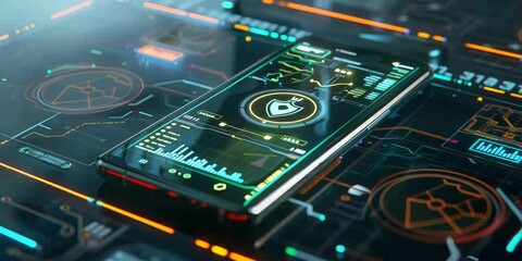 Fototapete - Securing the Digital Frontier: A Smartphone Embodying Advanced Security Measures Against a High-Tech Circuitry Background, Generative AI