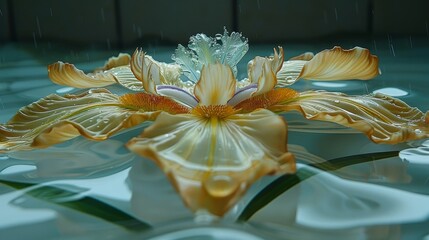 Sticker -   A macro shot of a bloom submerged in water, with a solitary teardrop at its base