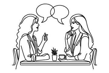 Continuous one line drawing two young people are talking with speech bubbles outline doodle vector illustration