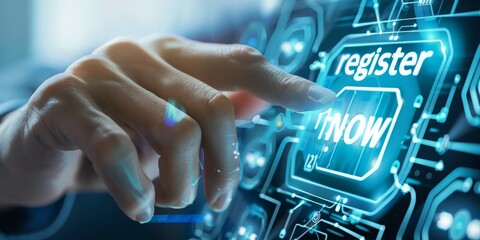 Leinwandbilder - A Hand Navigates a Futuristic Digital Interface Inviting Immediate Registration, Generative AI