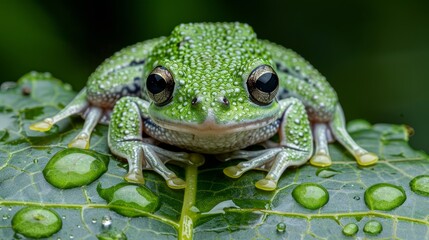 Canvas Print -   A tight shot of a frog perched on a leaf, adorned with droplets of water clinging to its back legs and gaze