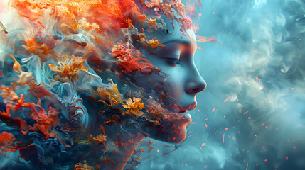 Canvas Print - Surreal Portrait of a Mysterious Ethereal Face in a Vibrant Colorful Fluid Explosion of Nature s Elements