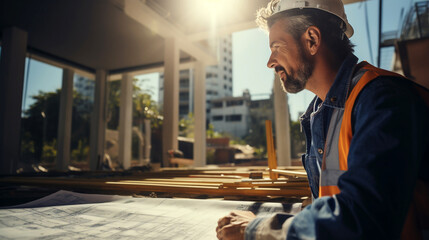 closeup photo of an engineer wearing a white hard hat happy mood, smiling and inspecting drawings in a building construction site 