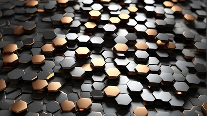 Wall Mural - Background of hexagonal honeycomb technology, abstract metallic backdrop with hexagonal shapes and light