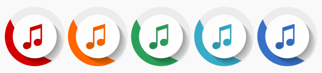 Leinwandbilder - Music vector icon set, flat icons for logo design, webdesign and mobile applications, colorful round buttons