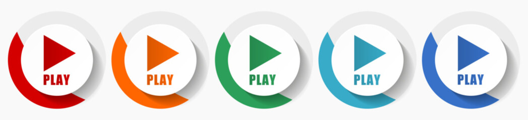 Leinwandbilder - Play vector icon set, flat icons for logo design, webdesign and mobile applications, colorful round buttons