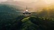 Dramatic image of a commercial jet flying low over a dense green rainforest, guiding viewers into the wild