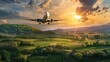 The majestic descent of an airplane into the sunset above a verdant rural landscape signifies the journey's peaceful end