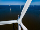 Fototapeta Paryż - A mesmerizing view of wind turbines peacefully spinning in the ocean, creating renewable energy in the vibrant Spring season of Flevoland, Netherlands. windmill turbines green energy in the ocean
