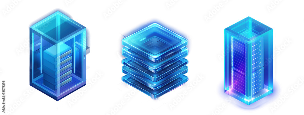 Data Room Icon Blue Set of Server Room Icons: 3D Database and Datacenter Concept with ...
