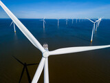 Fototapeta  - A wind farm in the middle of the ocean in the Netherlands Flevoland, with windmill turbines gracefully spinning under the spring sky. drone aerial view of windmill turbines green energy in the ocean