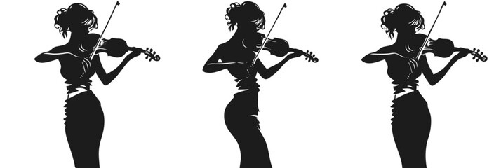 Set of icons with a woman playing on a violin