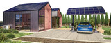 Fototapeta  - Energy Supply at a Family House With Heat Pump & Solar Charging Station for Electric Car - 3D Visualization