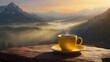 Yellow cup of tea morning in the mountains : Tea moment with sunrise mountain backdrop