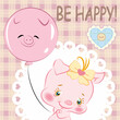 Vector postcard - a cute cartoon piglet girl with a balloon in the form of a muzzle of a piglet, the inscription be happy, a heart with ruffles and a button, a lace napkin on a checkered background.